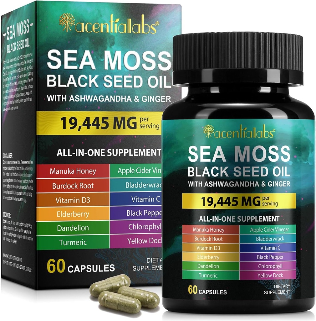 Sea Moss Black Seed Oil, Hav Moss Svart Seed Oil Ashwagandha Ginger Capsules med vitaminer Bladderwrack, Burdock Root og mer, 60 Kapsler