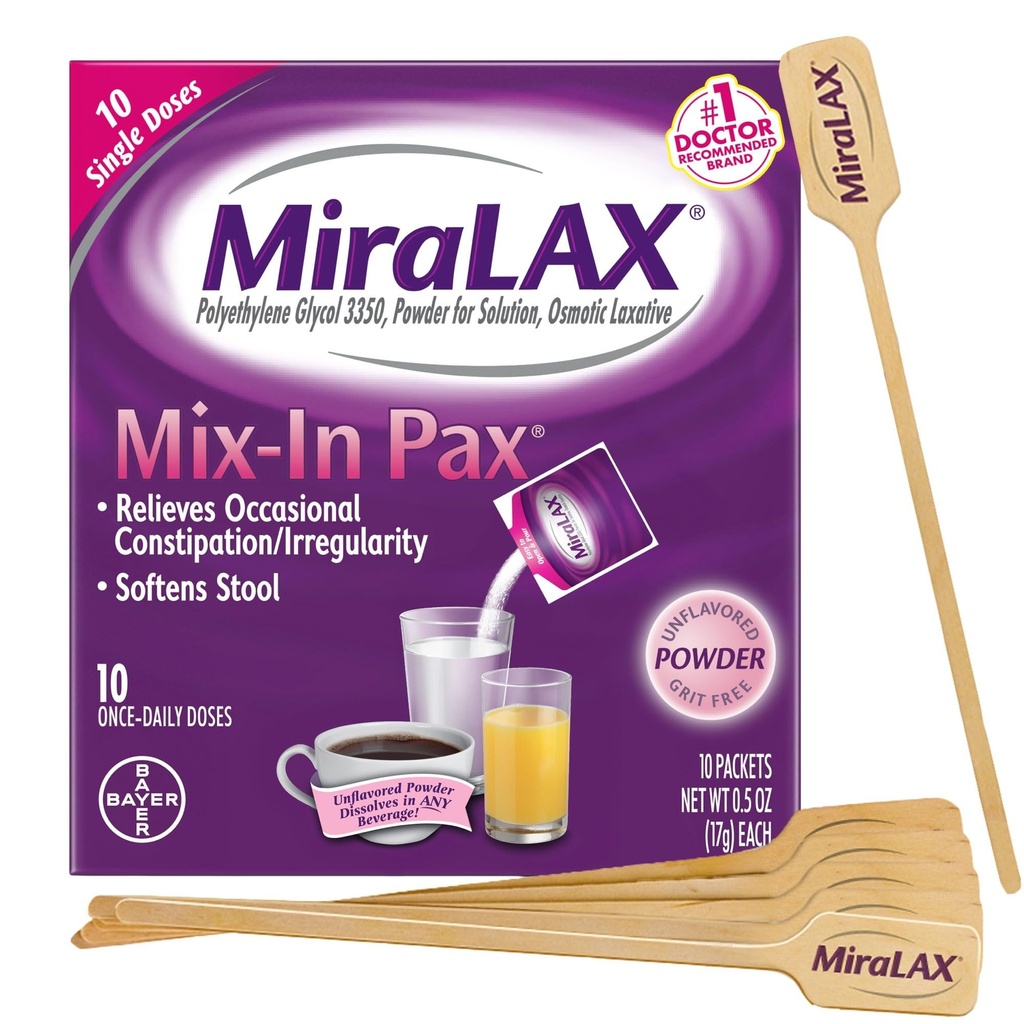 MiraLAX Gentle Pensum Relief Laxativt pulver, Stool Softener med PEG 3350, Ingen Harsh Bivirkninger, Single Dose Mix-In Pax med Blande Stirrers, Reisepakke, 10 Dose