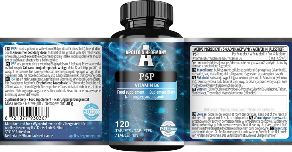 Pyridoxal-5-fosfat (P-5-P) 50 mg per tablett - 120 vegantabletter - Forsyning for 480 serveringer - Støtter Nerve og psykologiske funksjoner -Vitamin B6 Diett Supplement - av Apollos Hegemony