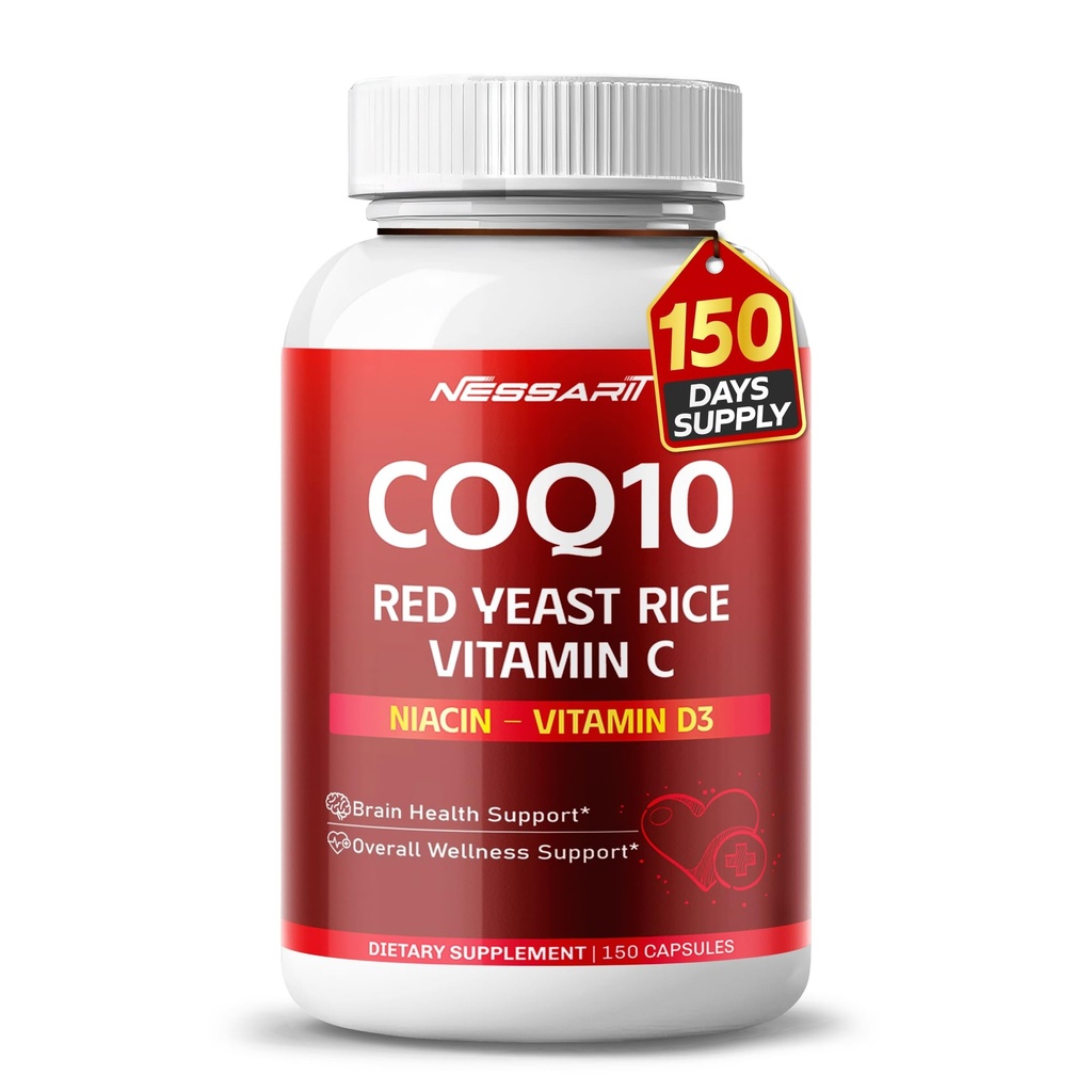 COQ10 + Rød Yeast Rice Supplement - 10-i-1 naturlig blanding med Omega 3 Vitamin B3, K2, D3, Sink Melk Thistle Svart Pepper - 150 telle - laget og testet i USA
