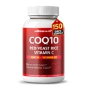 COQ10 + Rød Yeast Rice Supplement - 10-i-1 naturlig blanding med Omega 3 Vitamin B3, K2, D3, Sink Melk Thistle Svart Pepper - 150 telle - laget og testet i USA