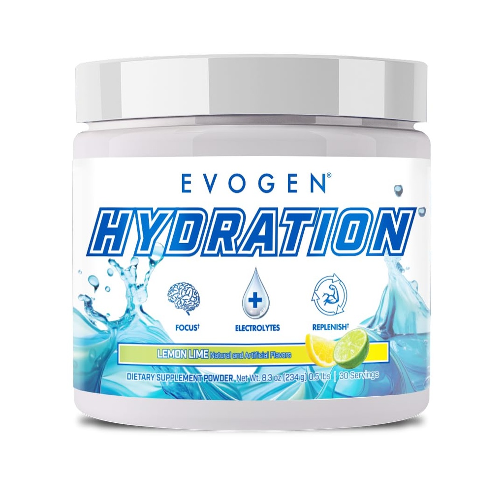 Evogen Hydration - Full Spectrum Elektrolyserer pulver | Sugar-fri Elektrolytt pulver Supplement for Hydrasjon, Energi, og Recovery | Kokosvann, B Vitaminer, Kalium | Lemon Lime | 30 Serveringer