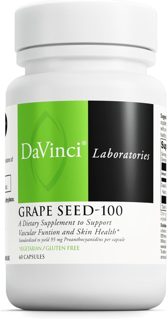 DAVINCI Labs Grape frø-100 - Kosttilskudd til å støtte immunsystemet, vaskulær funksjon og sunn hud* - med 100 mg kornfrøekstrakt per servering - Glutenfri - 60 vegetariske kapsler