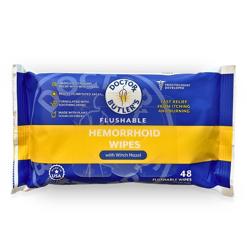 Legen Butler's Flushable hemorroide tørker - Flushable tørker med heks Hazel til Soothe og bringe lindring fra discomfort assosiert med hemorroider (48 Wipes)