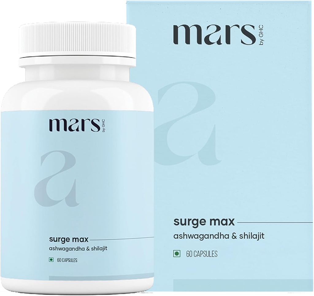 Mars Surgemax naturlige kapsler med Shilajit & Safed Musli | støtter energi, styrke og immunitet | for aktiv livsstil | 60 kapsler | Pakke med 1