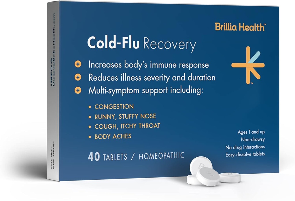 Brillia Helse - Cold-Flu Recovery - 40 tabletter - Homeopatic Cold-Flu Relief - gir klinisk bevist relief for kaldt, influensa og cough - for voksne og barn