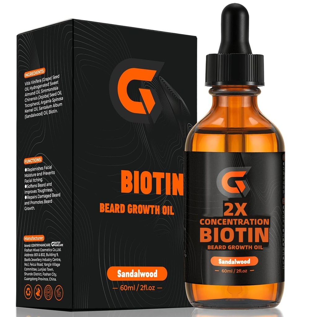 2X konsentrasjon Biotin Beard vekstolje for menn - Leave-In Conditioner & Softener - Moisturizes, tykkere, styrker og fremmer ansiktshårvekst - organisk Argan & Jojoba olje - 2fl. Oz