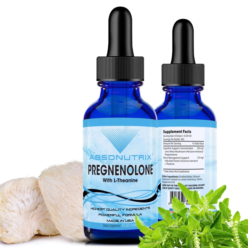 Absonutrix Pregnolone med L-Theanine avansert formel 390 mg, 4 Oz væske, 302 serveringer, laget i USA, rask absorpsjon, kvalitet potent ingredienser, ikke-GMO, GMP sertifisert anlegg