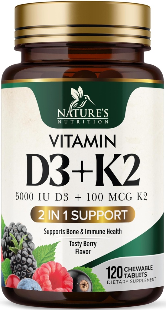 Vitamin D3 K2 Supplement | 5000 IU D3 + K2 100 mg | MK-7 K2 med vitamin D | Støtter immun, hjerte, tenner og bein helse - Naturens lett å Chew, VIT D3 K2, Ikke-GMO, Tastig Berry Flavor - 120 tabletter