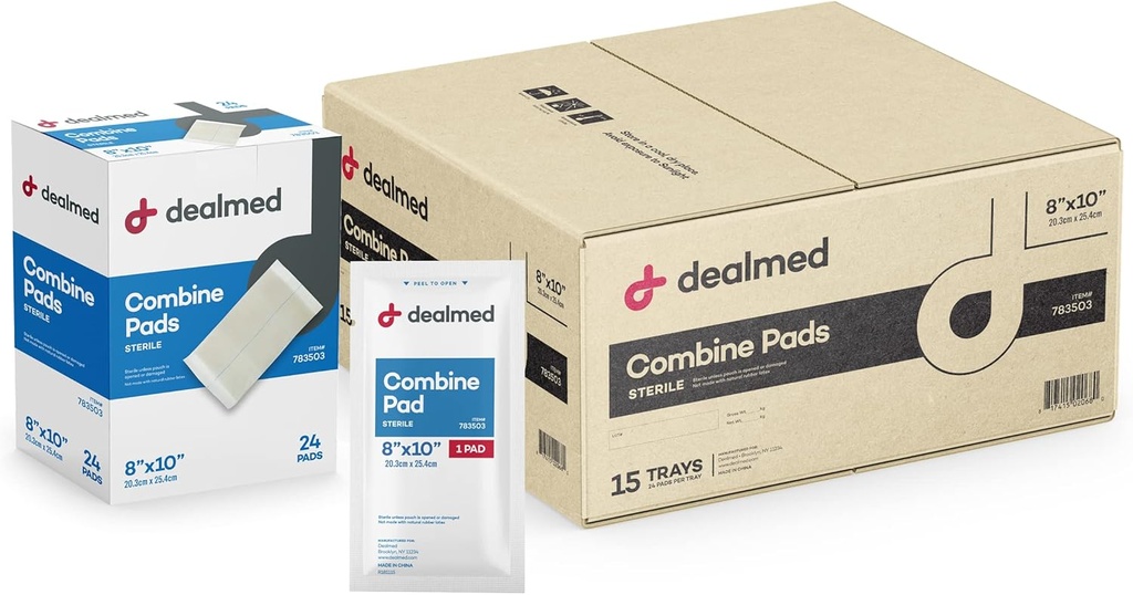 Dealmed bukse kombinere pads 8"x10" (360-saker) Sterile Individuelt innpakket, ABD Pads, Absorbent, Ikke-ærlig for sårpleie, Drainage, førstehjelp, 24/boks (sak av 15)