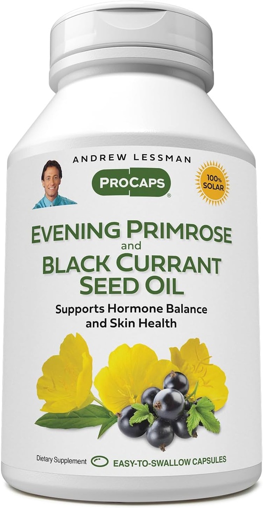 ANDREW LESSMAN Aften Primrose og svart Currant Seed Oil 360 Softgels - Soothes Fysisk Discomfort og Mood Swings På grunn av Menstruell Syklus, med Gamma-Linolenic, Omega-6 fettsyrer, Ingen additiver