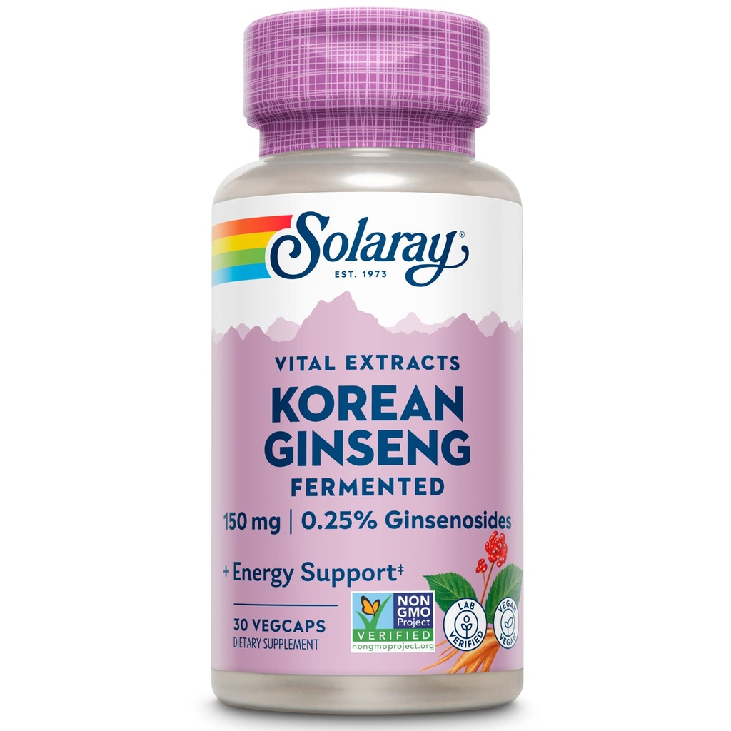 SOLARAY Fermentert koreansk Ginseng Root Extract 中 Sunn Stress, Energi og fysisk utholdenhet Støtte | Vegan, ikke-GMO | 30 Vegkaps