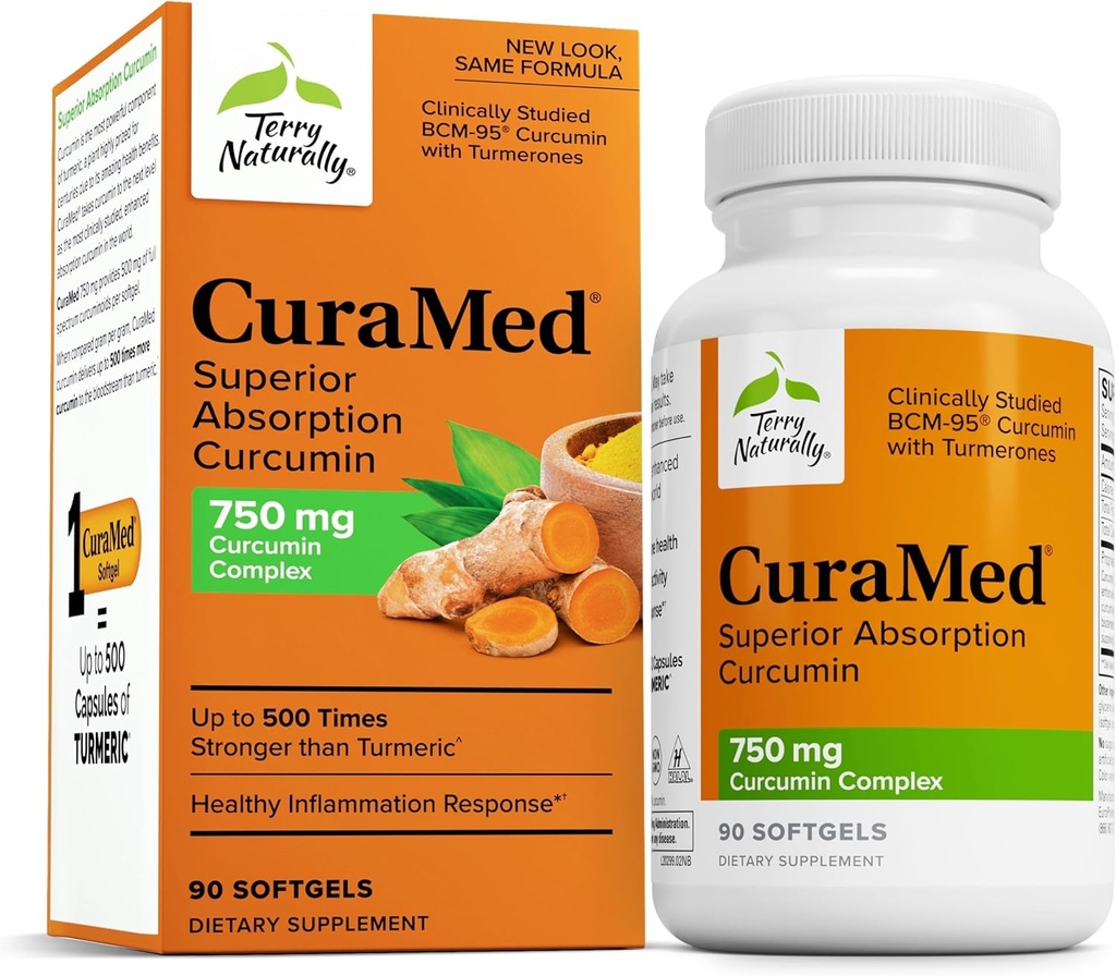 Terry Naturally CuraMed 750mg - Antioksidant Supplement for Hjerne- og hjertehelsestøtte - Diett Supplement med høy potens Curcumin Complex - Nyre, lever og immun helsestøtte - 90 Softgels