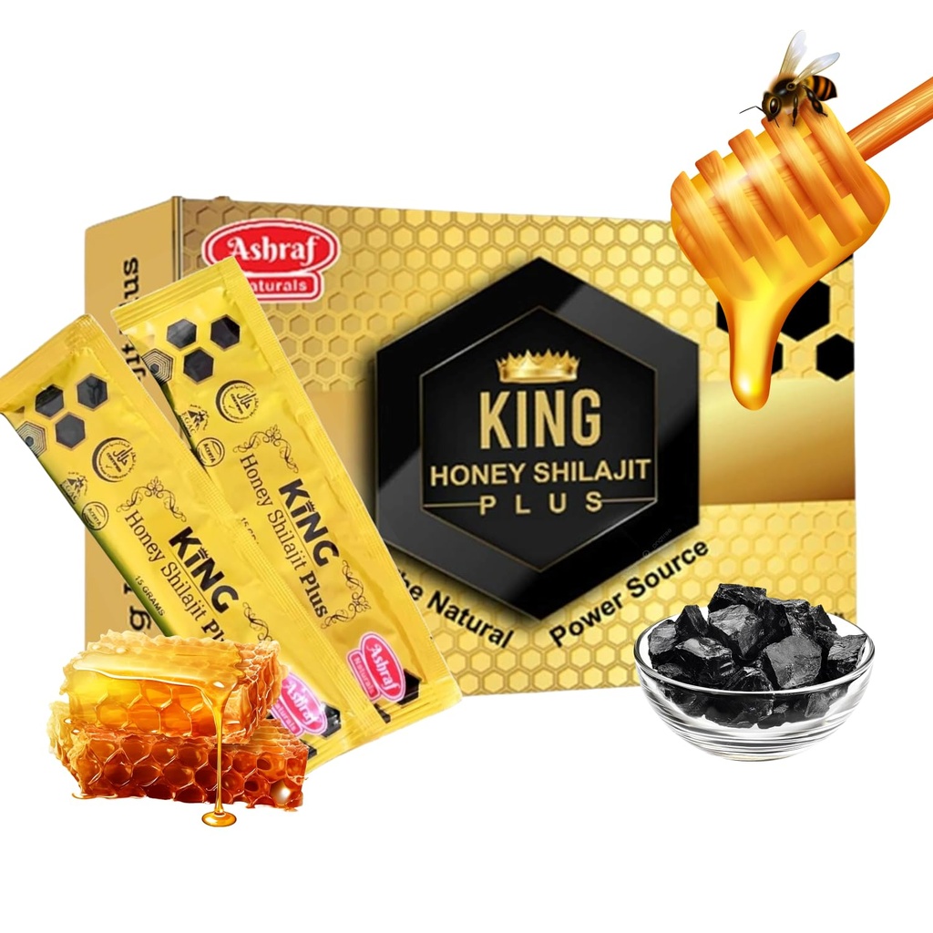 Ashraf Naturals King Honning Shilajit Plus - Premium Honning & Himalayan Shilajit blanding med urteekstrakter, naturlig energi og vitalitet støtte,15 Sachets x 15g