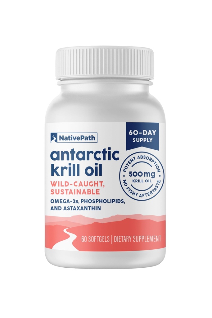 NativePath Antarctic Krill Oil - Wild-Chaught Omega 3 Krill Oil 500 mg Softgels med EPA, DHA og Astaxanthin - Supplement for felles, hjerte, hjerne og immunitet - 60 ct - Ingen fiskbar Aftertaste