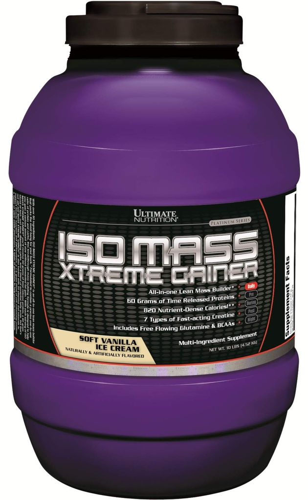 Ultimate Nutrition ISO Mass Xtreme Gainer, Vektvinner Protein pulver med kreatin, 60 gram protein, Whey Isolate Protein pulver for lean muskel gevinst, 10 LBS med 30 serveringer, Vanilla Iskrem