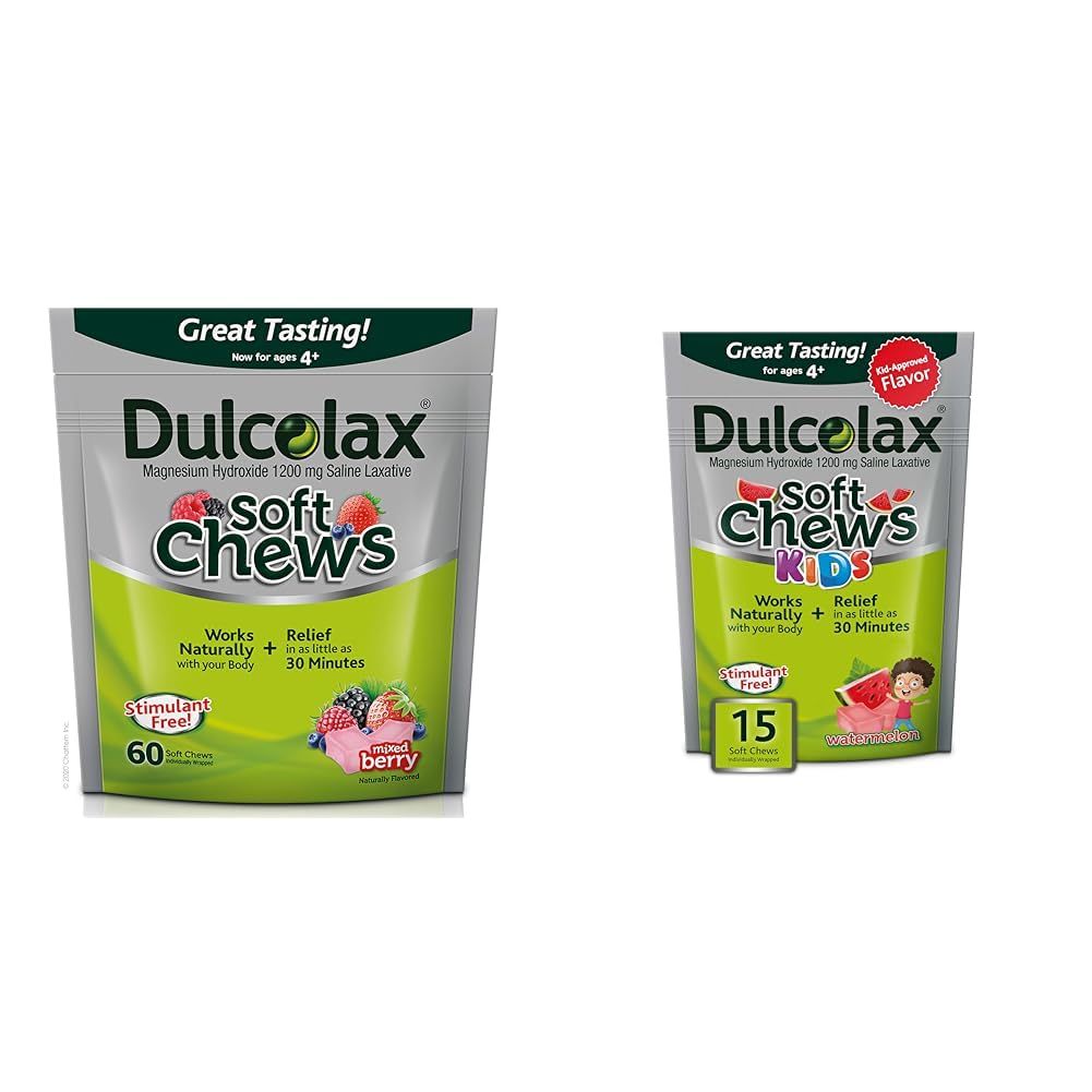 Dulcolax Mykt Chews Saline Laxativ Blandet Berry (60ct) Gentle Acceleration Relief & Kids Mykt Chews Saline Laxativt Vannmelon Gentle Accelerator Relief, Magnesium