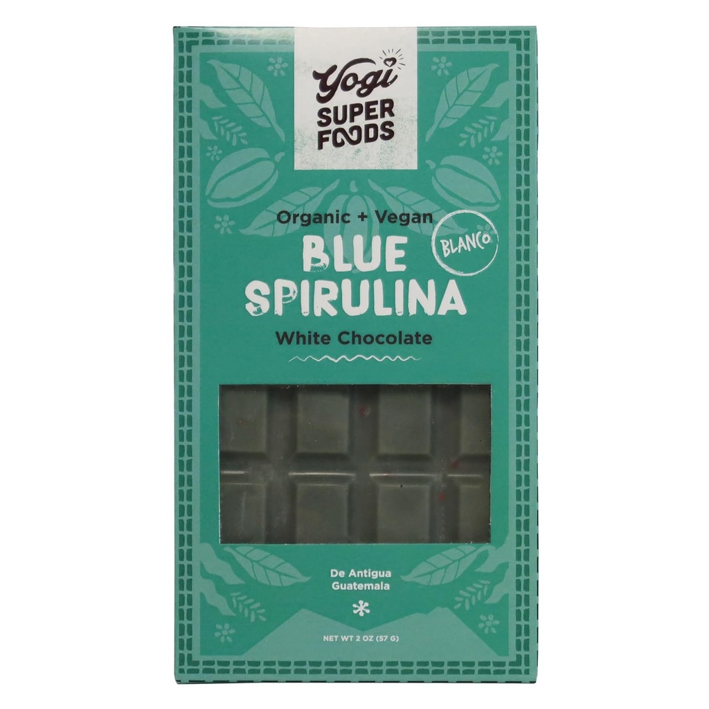 Yogi Super Mat Vegansk Hvit Sjokolade Blå Spirulina Bar, Sunn & Organic for Energy Boost laget av Raw Cacao Smør, Glutenfri havre, Søtet med Panela Sukker, Macadamia Nuts - 1 Bar