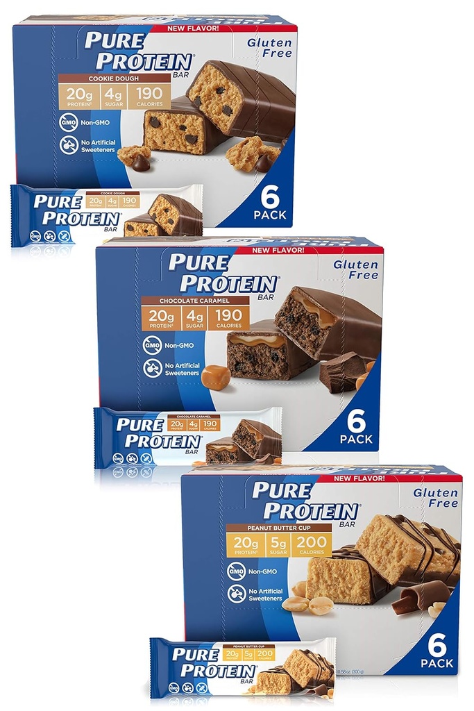 Pure Protein Bars, Høyt protein, Nutritious Snacks å støtte energi, Lav sukker, Glutenfri, Guilt Gratis Variety Pack(Cookie Dough/Choc Caramel/Peanut Butter Cup), 1.76 oz, Pakke med 18