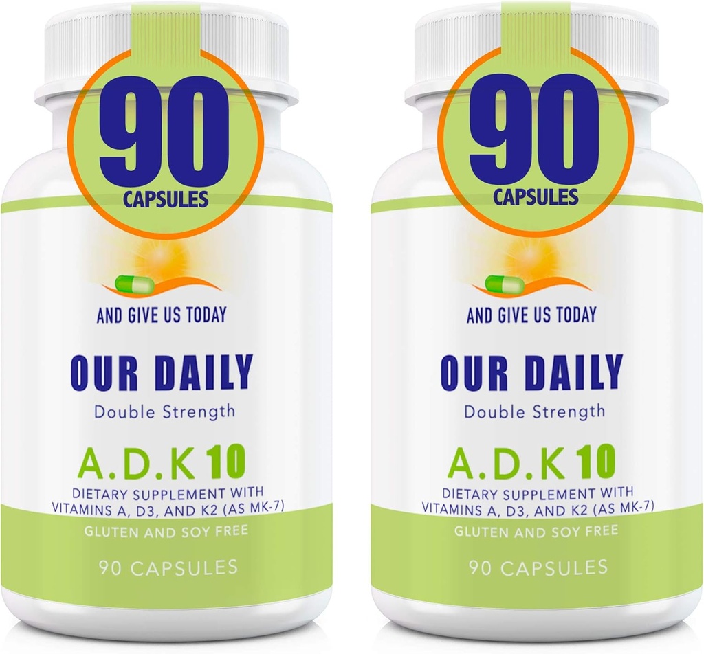 Våre daglige Vites ADK 10 dobbelt styrke (10 000 iu) vitaminer A1, D3 & K2 (som MK7) - medisinsk formulert bein og immunsystem støtte - Glutenfri, ikke GMO - 180 vegetariske kapsler