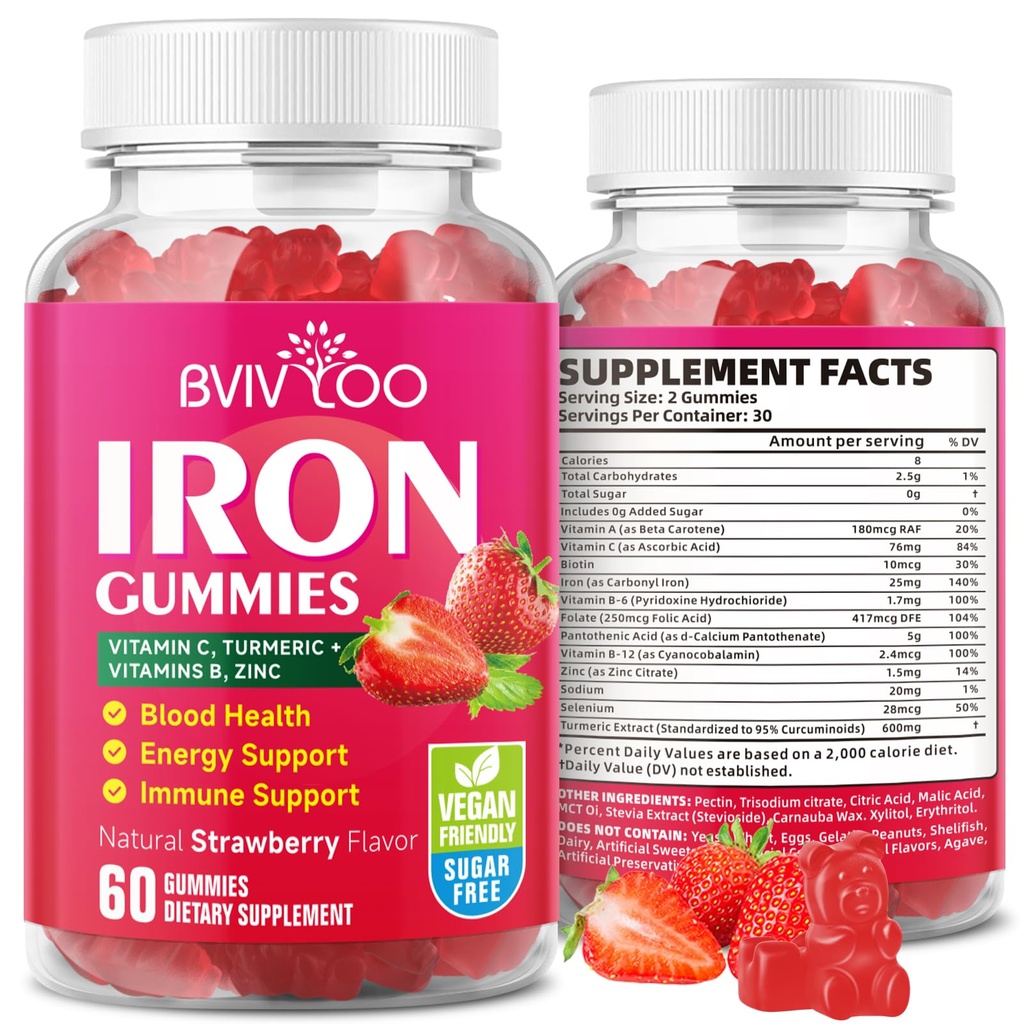 Vegansk jern gummier for voksne og barn - med vitamin C, A, B-kompleks, folat, sink og biotin - for blodbygging og energi støtte, 60 gummier
