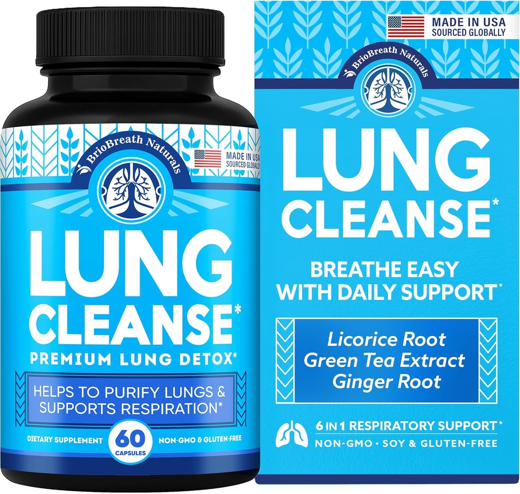 Lung Support Supplement - Naturlige kapsler for Lung Cleanse og Detox - laget i USA - Respirasjonssystem; Mucus Clear - Vegansk Supplement for Lung Detox; Respirasjonsstøtte - 60 Kapsler