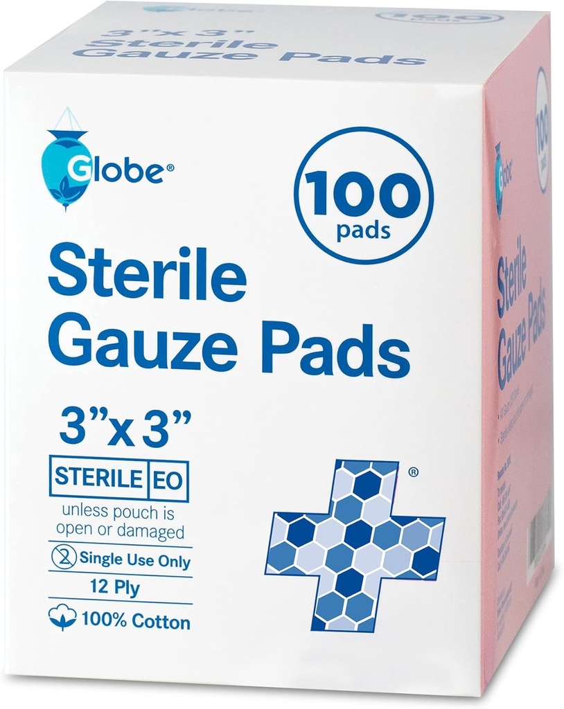 Globe 3 '' x 3 '' Avansert sterile Gauze Pads, 100-Pack Individuelt pakket - 12-Ply bomull for sårbehandling kjole, svært absorbent bandasjer for hjemme- og nødbruk - Reise & førstehjelp Kit Viktig