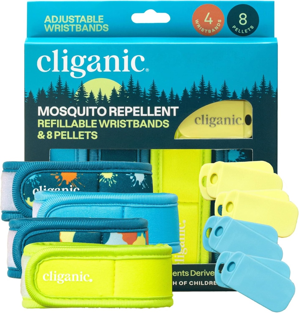 Cliganic Mosquito Repellent Pack (4 Wristbands + 8 Refill Pellets) - Justerbar, naturlig DEET-fri, essensiell olje infusert