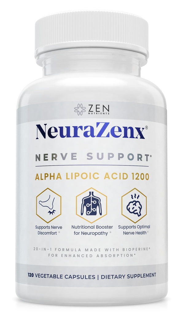 Zen Nutrients NeuraZenX Nerve Støtte & Perifer Neuropathy Support Supplement med 1200 mg Alpha Lipoic Acid (ALA), Benfotiamin, L-karnitin og Turmeric