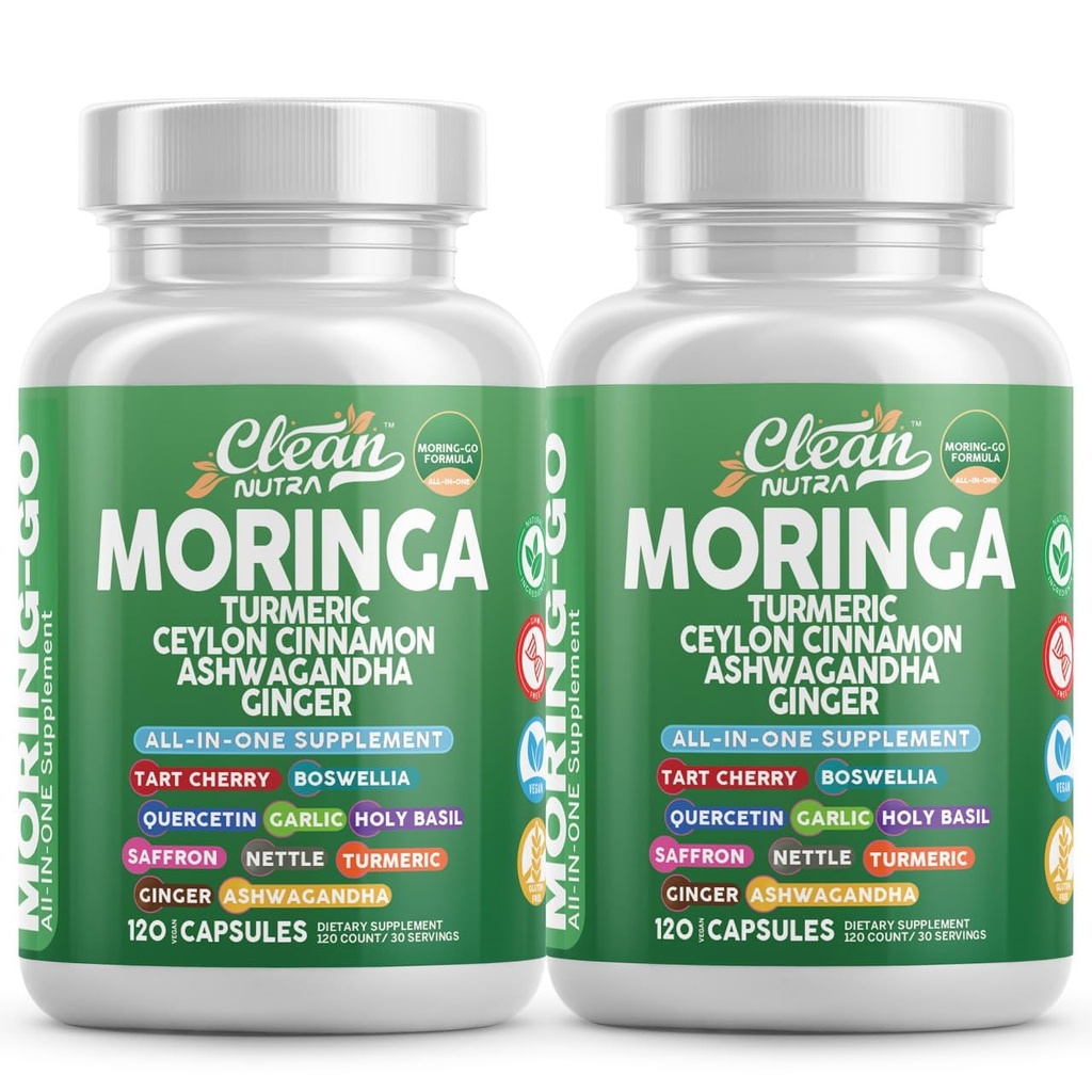 Moringa Powder Capsules + Turmeric Moringa Leaf Ceylon Cinnamon Askewagandha Ginger Tart Cherry Boswellia Quercetin Garlic Holy Basil Saffron Nettle Black Pepper Moring-Go Supplement ved ren Nutra (2)