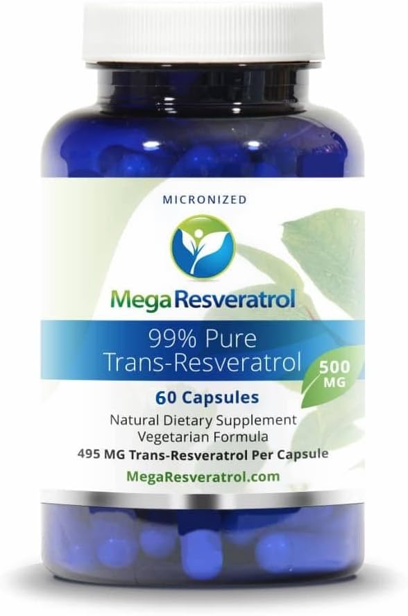 Mega Resveratrol, farmasøytisk klasse,99% ren, isolert, mikronisert Trans-Resveratrol, 60 Veggie Caps, 500 mg per kapsel. Renhetssertifisert. Absolutt ingen giftige \"inaktive\" ingredienser lagt til.