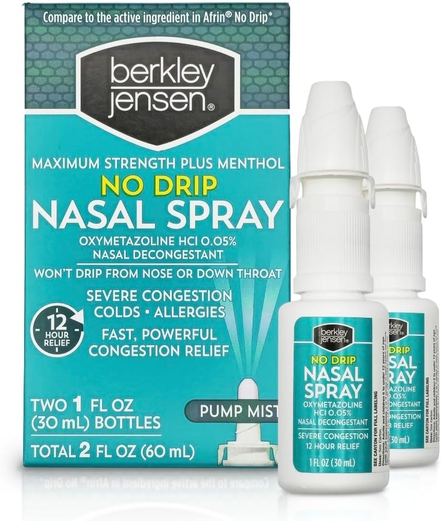 berkley jensen Ingen Drip Alvorlig kongestion Nasal Spray - Maksimal styrke decongestant med oksymetazolin HCl & Menthol - Pump Mist Applicator, Ingen steroid, 12 timers relief, 1 Fluid Ounce (Pack of 2)