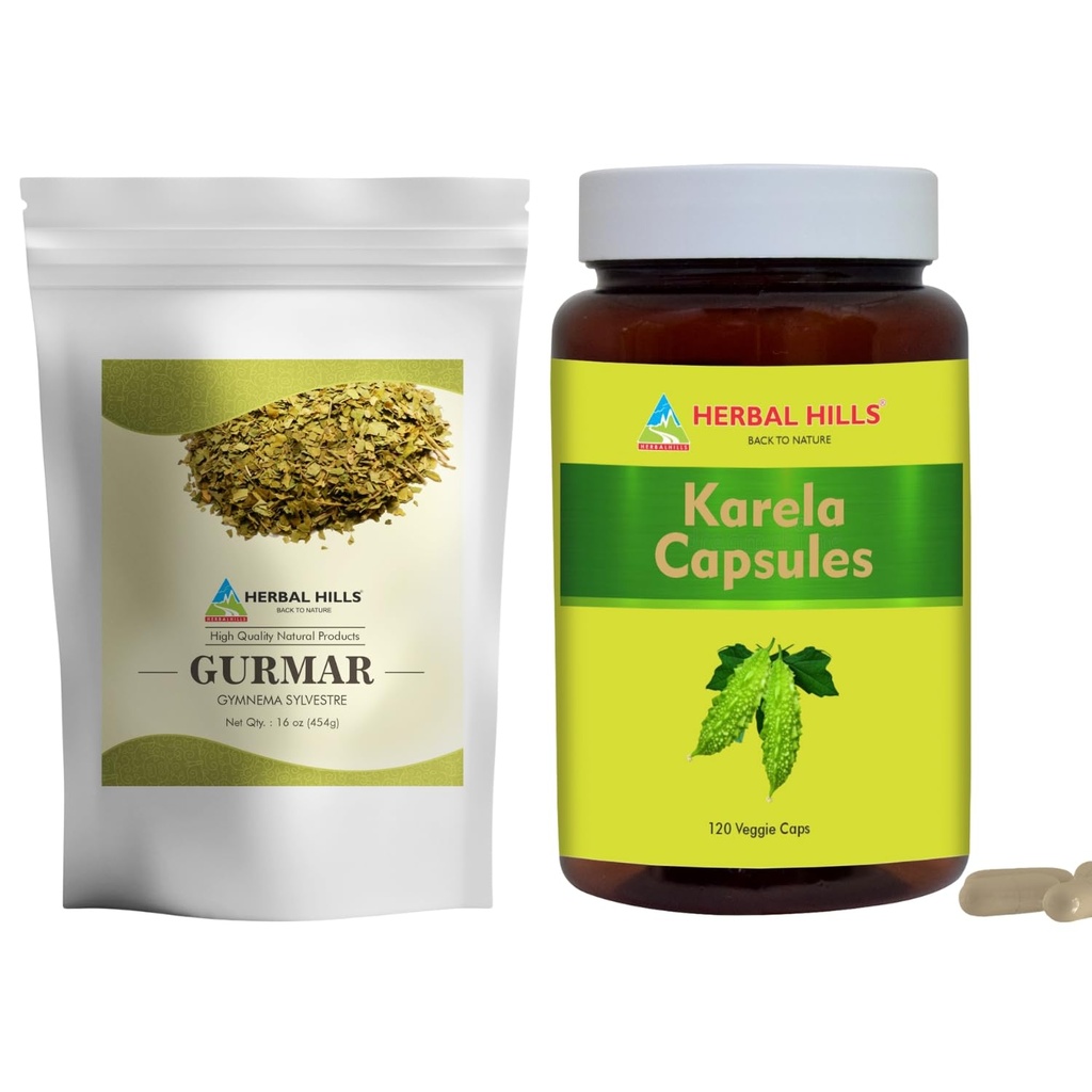 HERBAL HILLS Gurmar Tepulver og Karela Kapsler Pakke med 2 Combo