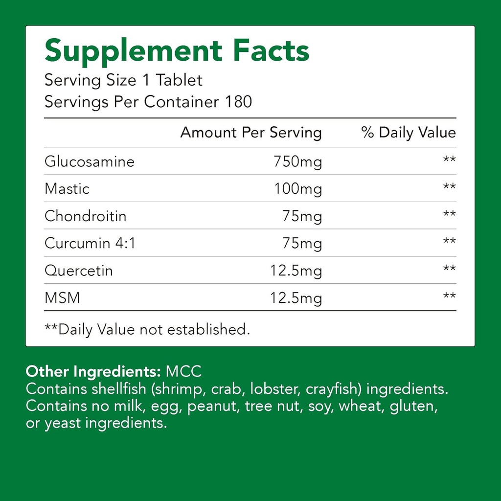 Premium glukosamin + Chondriotin + MSM + Mastic + Curcumin (750mg) | Bone & Joint Helse (1 flaske-180 Kapsler-6mo Supply) | Vitamin til felles støtte | Ikke-GMO & Glutenfri