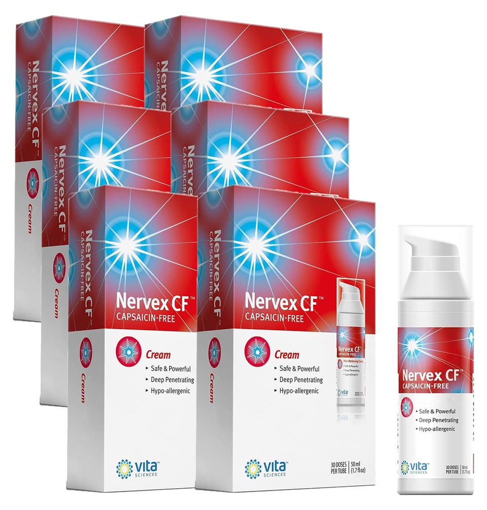 Vita Sciences Nervex CF Neuropathy Relief for hender og føtter - Kraftig krem formel for brenning, Tingling, Nummenhet - med Arnica, B12, B1, B5, B6, E, MSM, Aloe, og Coconut oljebase - Pakke med 6