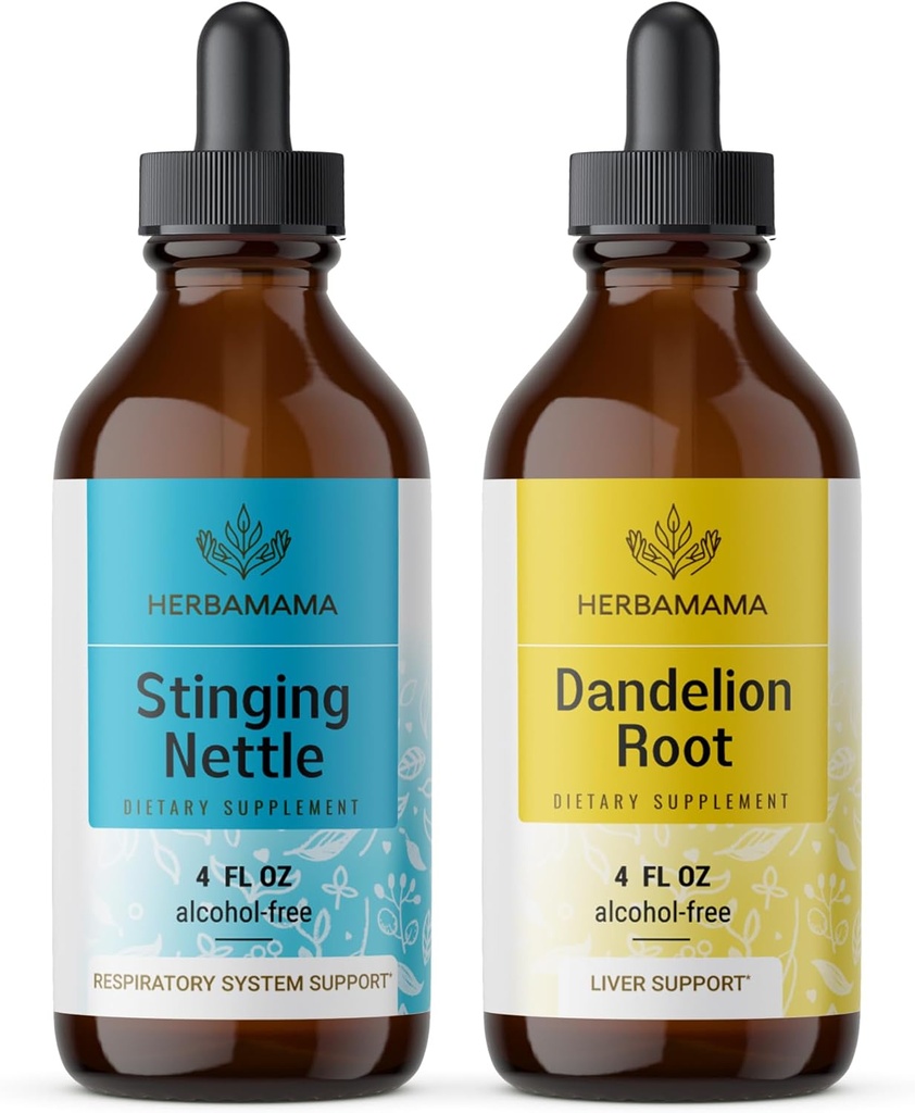 HERBAMAMA Herbal flytende dråper Kit - Bundle av Stinging Nettle & Dandelion Root Tinkture 4 fl oz - Vegansk, ikke-GMO, Sukker & alkohol-fri - 2 Pack