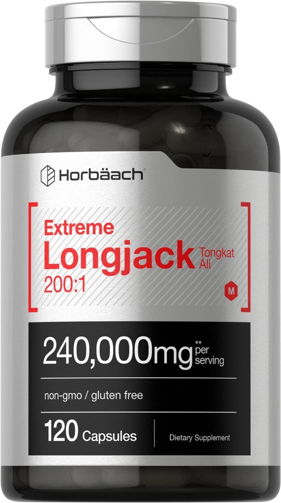 Horbäach - Longjack Tongkat Ali | 240 000 mg (200:1 Potent Extract) | 120 Kapsler | Ekstrem mannlig ytelse Supplement | Superkonsentrert Herbal ekstrakt formel | Ikke-GMO & Glutenfri piller