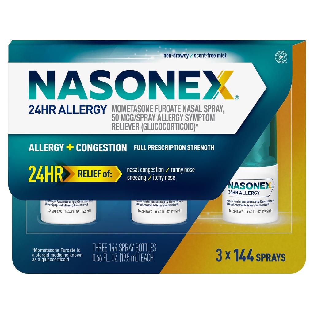 Nasonex 24HR Allergi Nasal Spray, Non-Drowsy, Scent-Free Mist, Allergi Symptomer + Nasal Congestion, Full reseptstyrke, 120 Sprøyter (3 Pack)