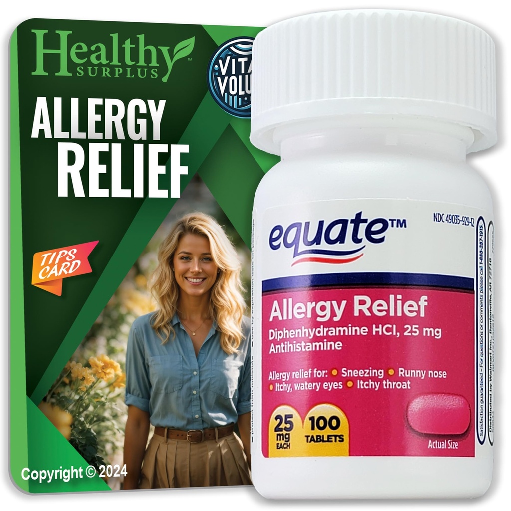 Sunn Surplus® Vitale volumer Tips Card & Equite Allergi Relief Diphenhydramine HCL, 25 mg 100 Tabletter Bundle
