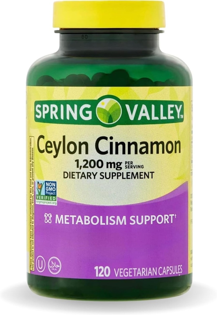 Spring Valley Ceylon kanelkapsler 1200 mg Kapsler, støttemetabolisme * 120 greve ikke-GMO & Glutenfri piller (pakke med 1)