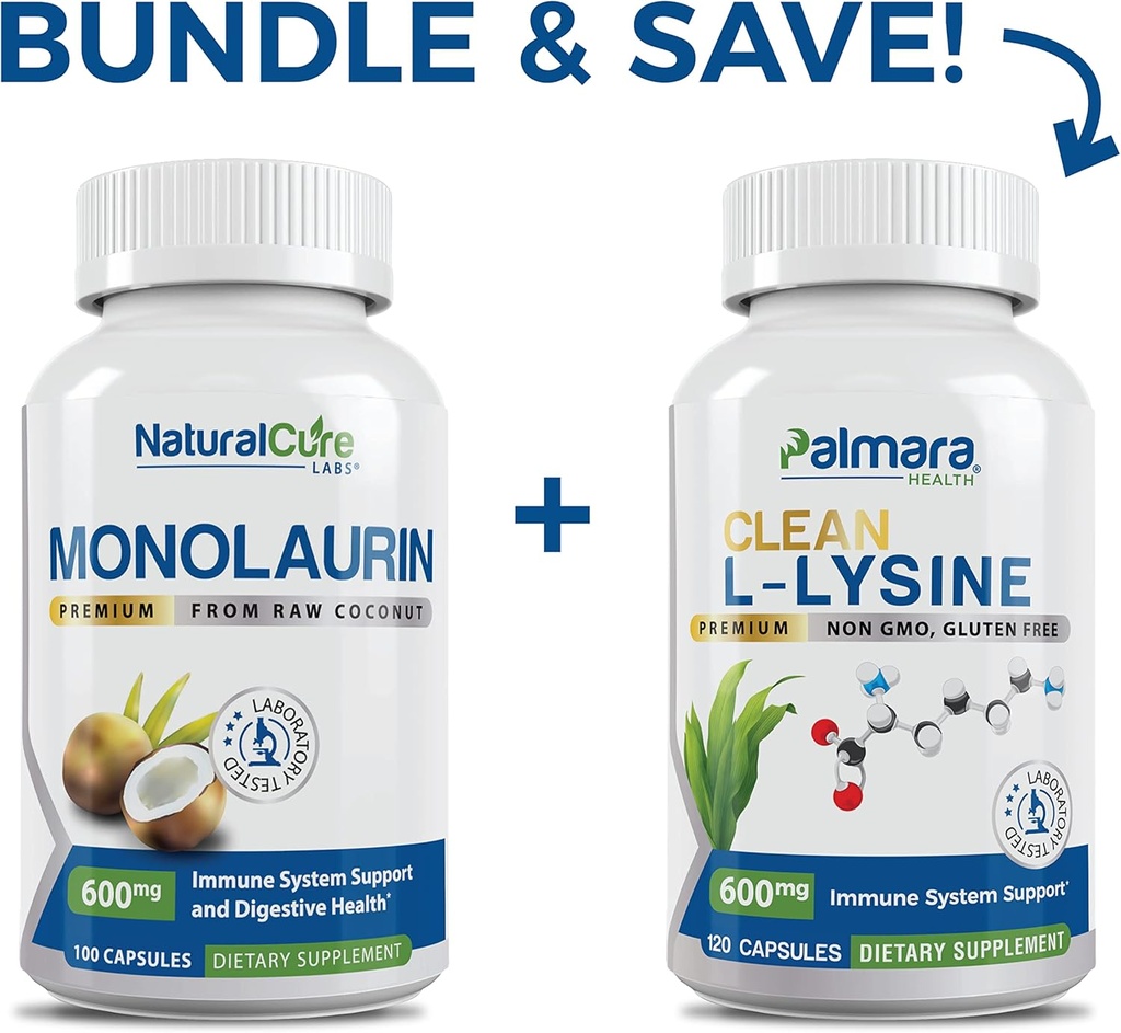 Naturlig Cure Labs Bundle: Premium Monolaurin 600mg + Ren L-Lysine 600mg