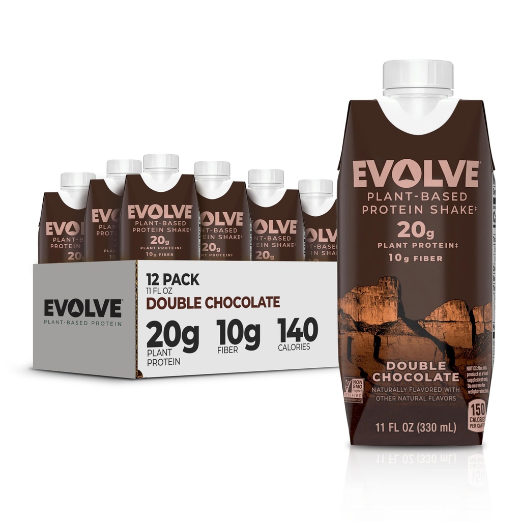 Evolve Plante Basert Protein Shake, Dobbel Sjokolade, 20g Vegan Protein, Dairy Free, Ingen kunstige søtstoffer, Ikke-GMO, 10g Fiber, 11 Fl Oz (Pack of 12) - (Formula May Vary)