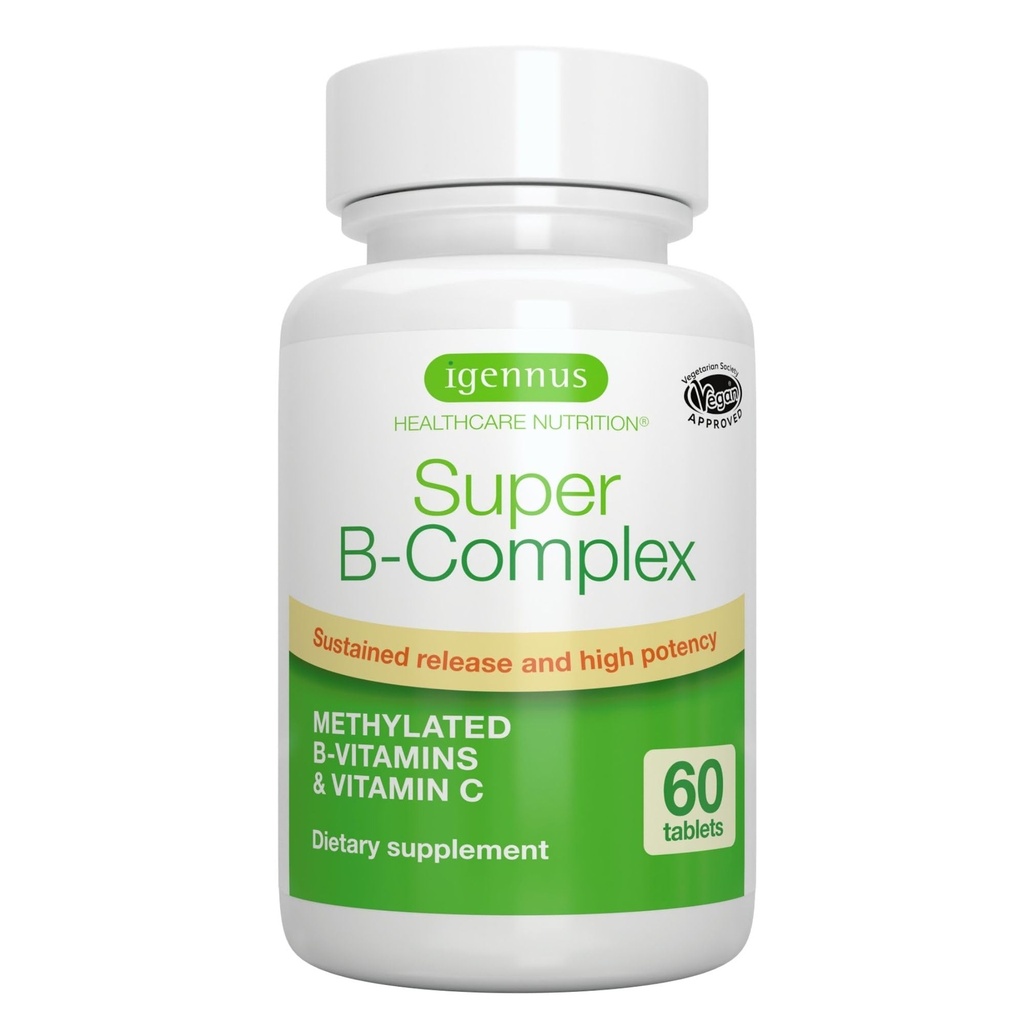 Igenus Super B-Complex Methylated B-vitaminer - frigjøring, ren etikett & høy absorpsjon, med 5-MTHF Folat & Methyl B12, energi, humør og kognitiv ytelse, Lab verifisert, 60 små tabletter