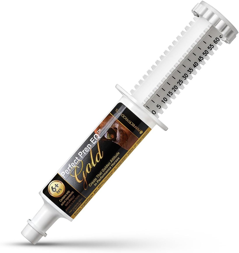 Perfect Prep EQ Gold Equine Calmer Long-Acting Alt naturlig for hesteangst, varer 18 + timer, 60cc Lim inn