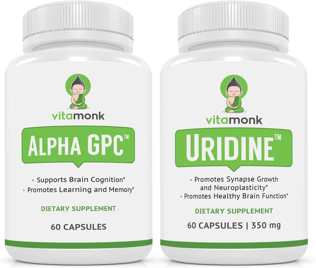 VitaMonk Alpha GPC og Uridin Stack - Mr Happy Stack - Uridin Monofosfat uten kunstige fyllstoffer - Biotilgjengelige Choline Supplement fremme kognisjon, fokus, mental klarhet