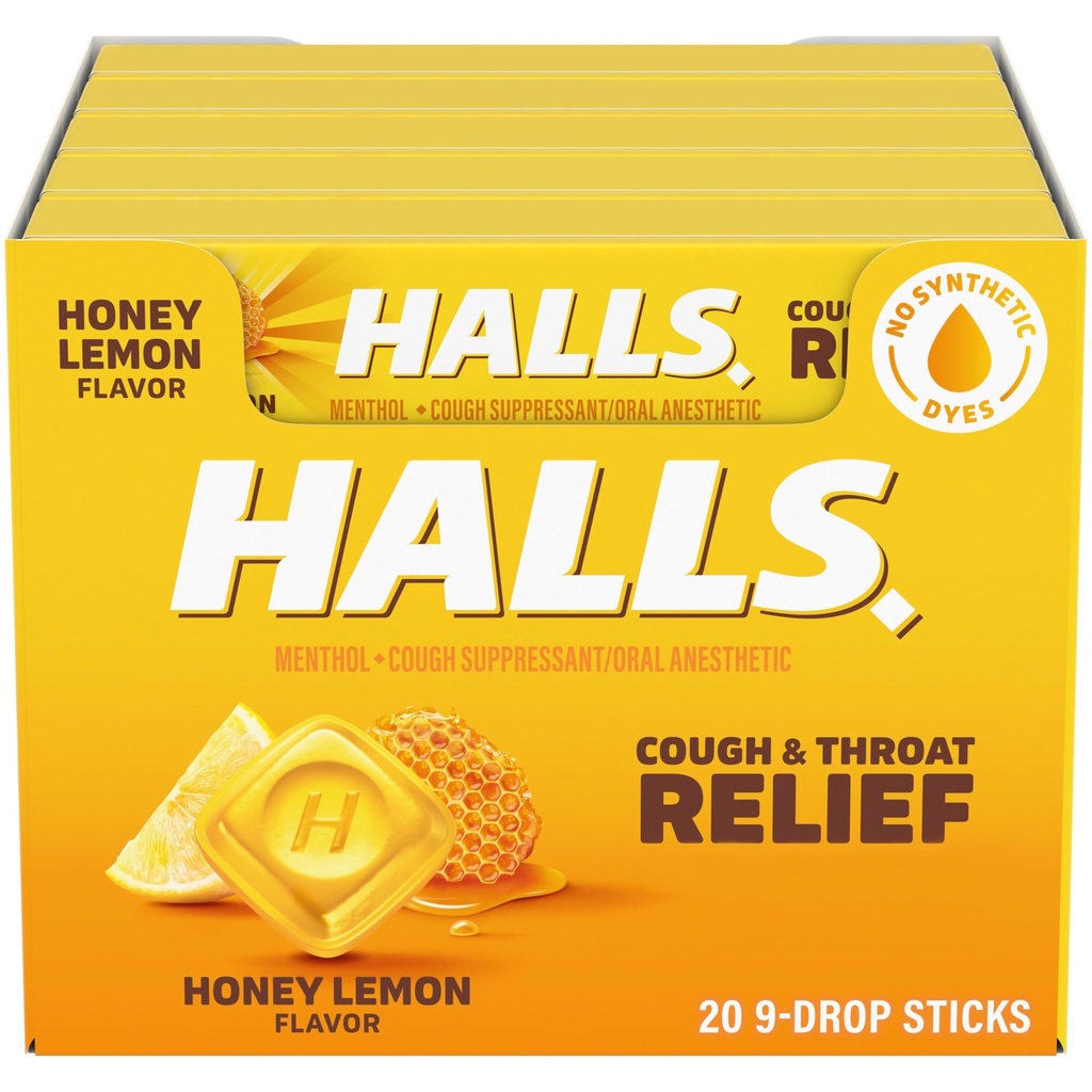 HALLS Cough og Throat Relief Honning Lemon Cough Drops, 20 Sticks 9 (180 Total Drops)