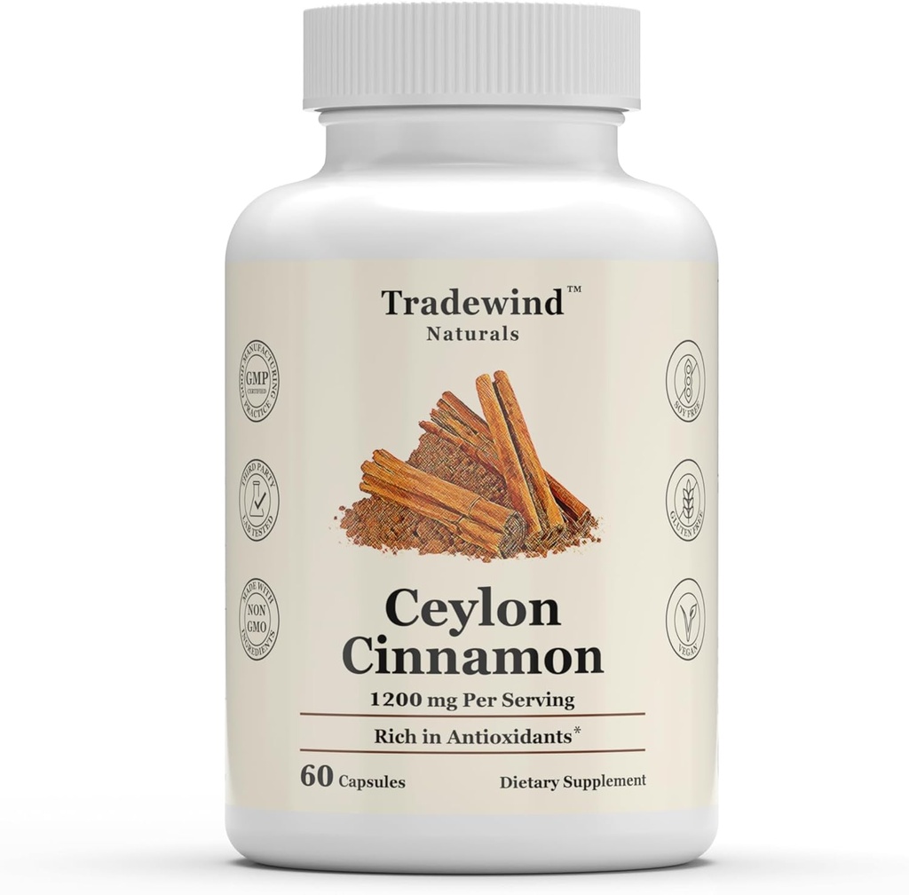 Ceylon Cinnamon 1200mg - ren ceylon kanel - vegansk - ikke-GMO - støtte hjerte og kognitiv helse - rik på antioksidanter - 60 grønnsaker kapsler - laget i USA