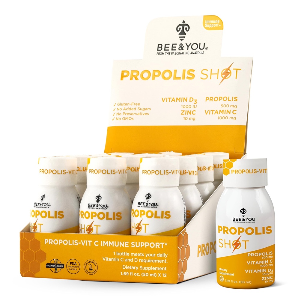 BE og du immun støtte 100% naturlig propolis skutt kosttilskudd, antioksidanter, vitamin C, VIT D3, sink, oransje juice, rå honning, 1,69 fl. oz x 12 flasker