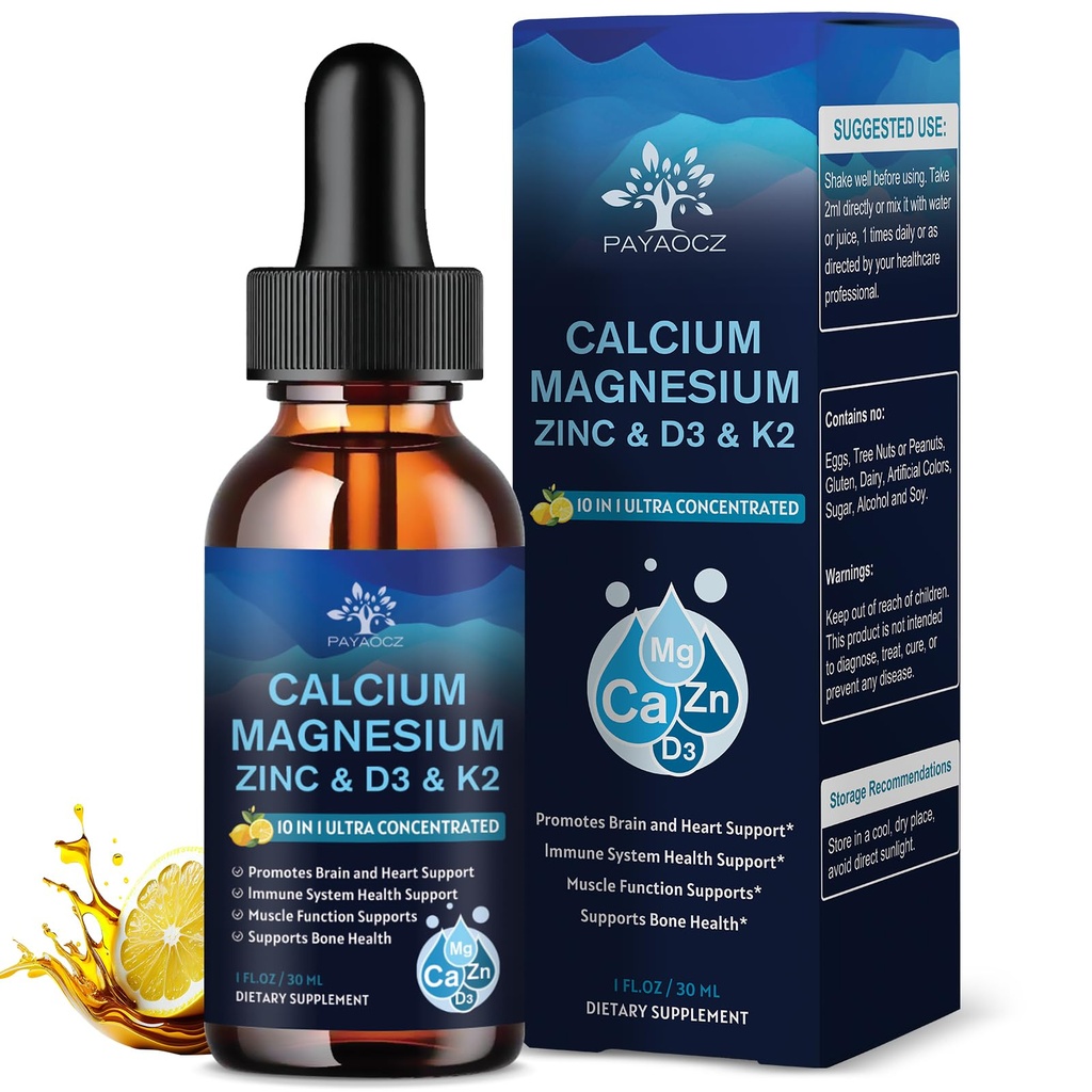 (2 Pakke) 10 i 1 Magnesium Kalsium Sink Supplement med vitamin C D3 K2, Glycinate Mag Vegan flytende dråper Plus L-Theanine Bor Sea Moss Extract, Immunstøtte, Bein, Sleep & Leg Cramps, 1 Fl Oz