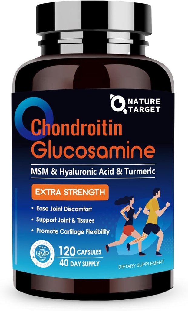 NATURE TARGET Glukosamine Chondroitin MSM, Joint Support Supplement, Shellfish Free, Turmeric Boswellia, Hyaluronsyre, kollagen, Calium for Cartilage og Bone Helse, 120 Kapsler, 40 serveringer